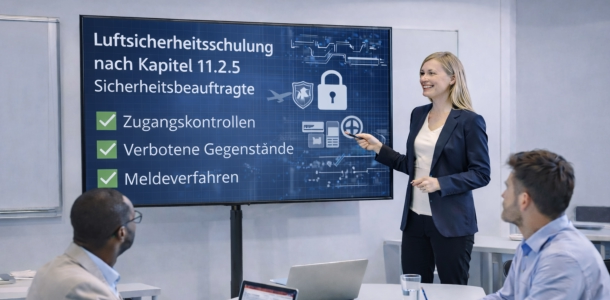 11.2.5 Luftsicherheitschulung für Sicherheitsbeauftragte – Trainerin schult Teilnehmende zu Vorschriften und Zugangskontrollen